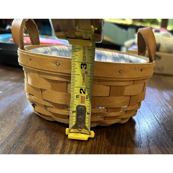 Longaberger Round Basket 1994 With Leather Handles Blue White Fabric Liner 6” - Picture 9 of 9